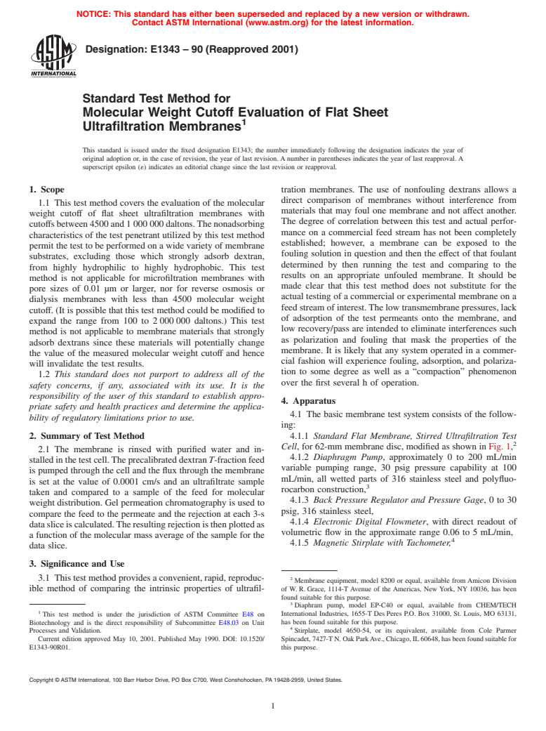 ASTM E1343-90(2001) - Standard Test Method for Molecular Weight Cutoff Evaluation of Flat Sheet Ultrafiltration Membranes (Withdrawn 2010)