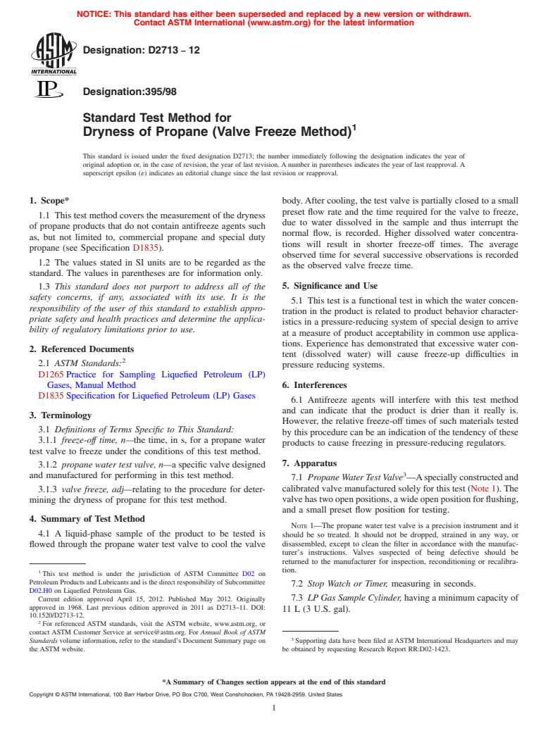 ASTM D2713-12 - Standard Test Method for Dryness of Propane (Valve Freeze Method)