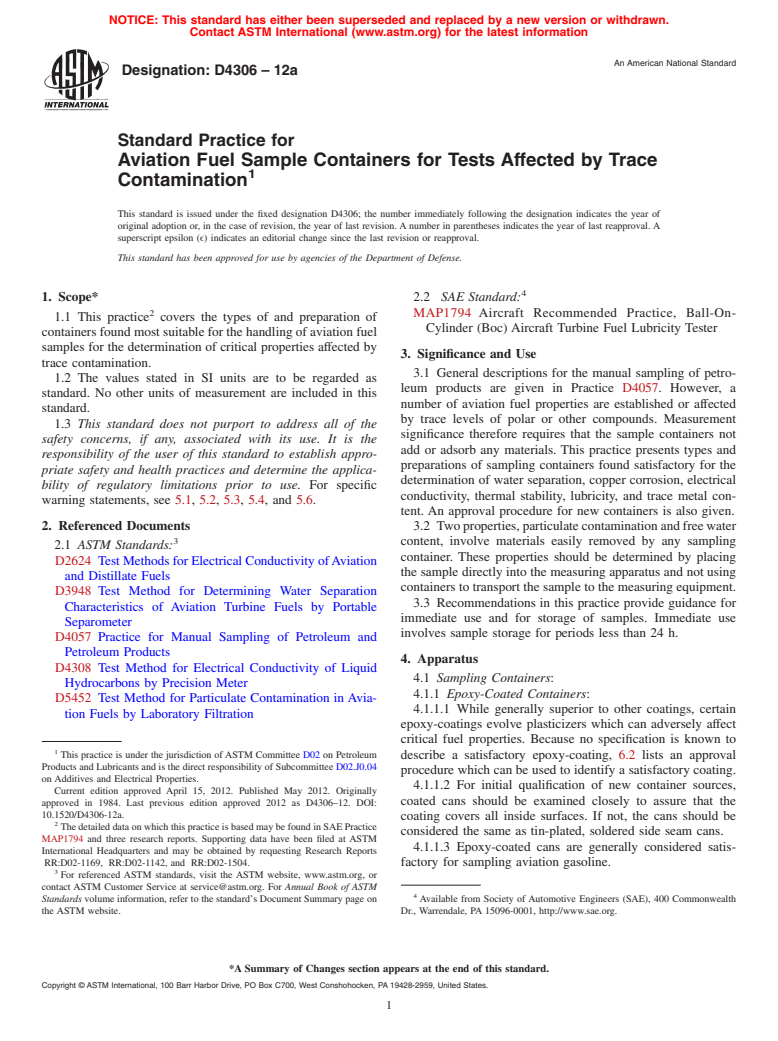 ASTM D4306-12a - Standard Practice for Aviation Fuel Sample Containers for Tests Affected by Trace Contamination