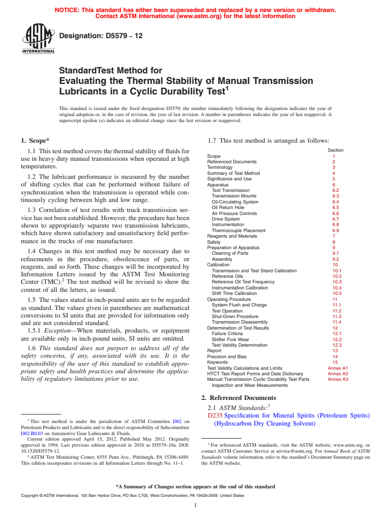ASTM D5579-12 - Standard Test Method for Evaluating the Thermal Stability of Manual Transmission Lubricants in a Cyclic Durability Test