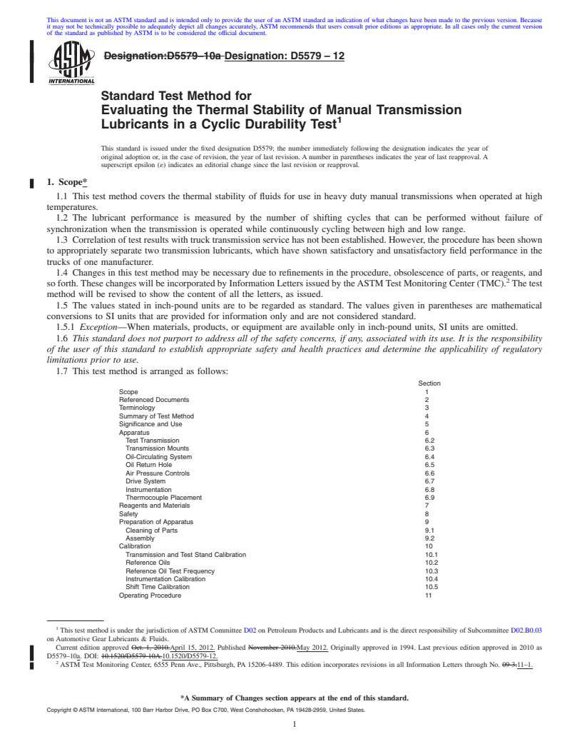 REDLINE ASTM D5579-12 - Standard Test Method for Evaluating the Thermal Stability of Manual Transmission Lubricants in a Cyclic Durability Test