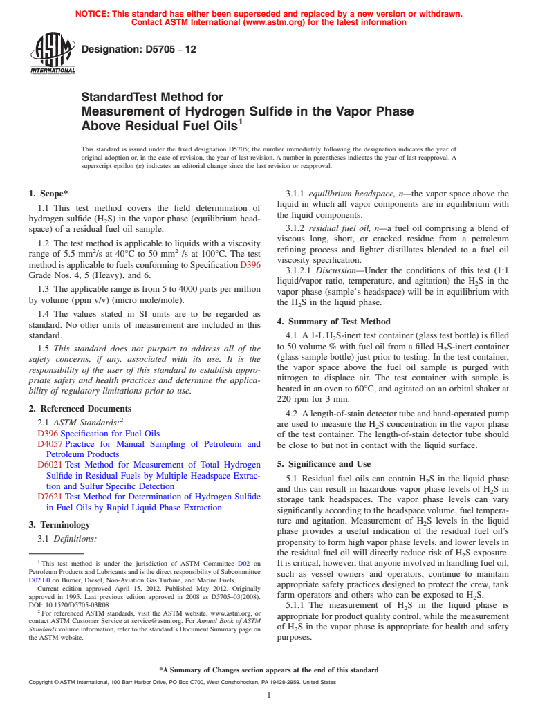 ASTM D5705-12 - Standard Test Method for Measurement of Hydrogen Sulfide in the Vapor Phase Above Residual Fuel Oils