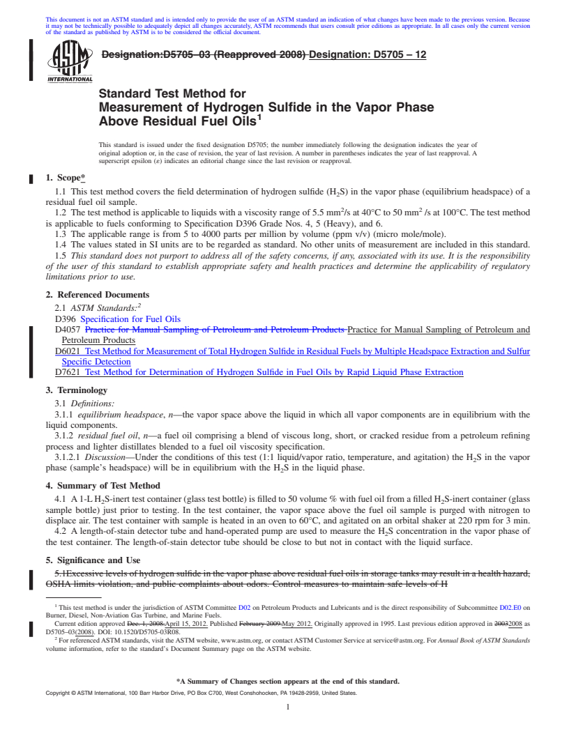 REDLINE ASTM D5705-12 - Standard Test Method for Measurement of Hydrogen Sulfide in the Vapor Phase Above Residual Fuel Oils