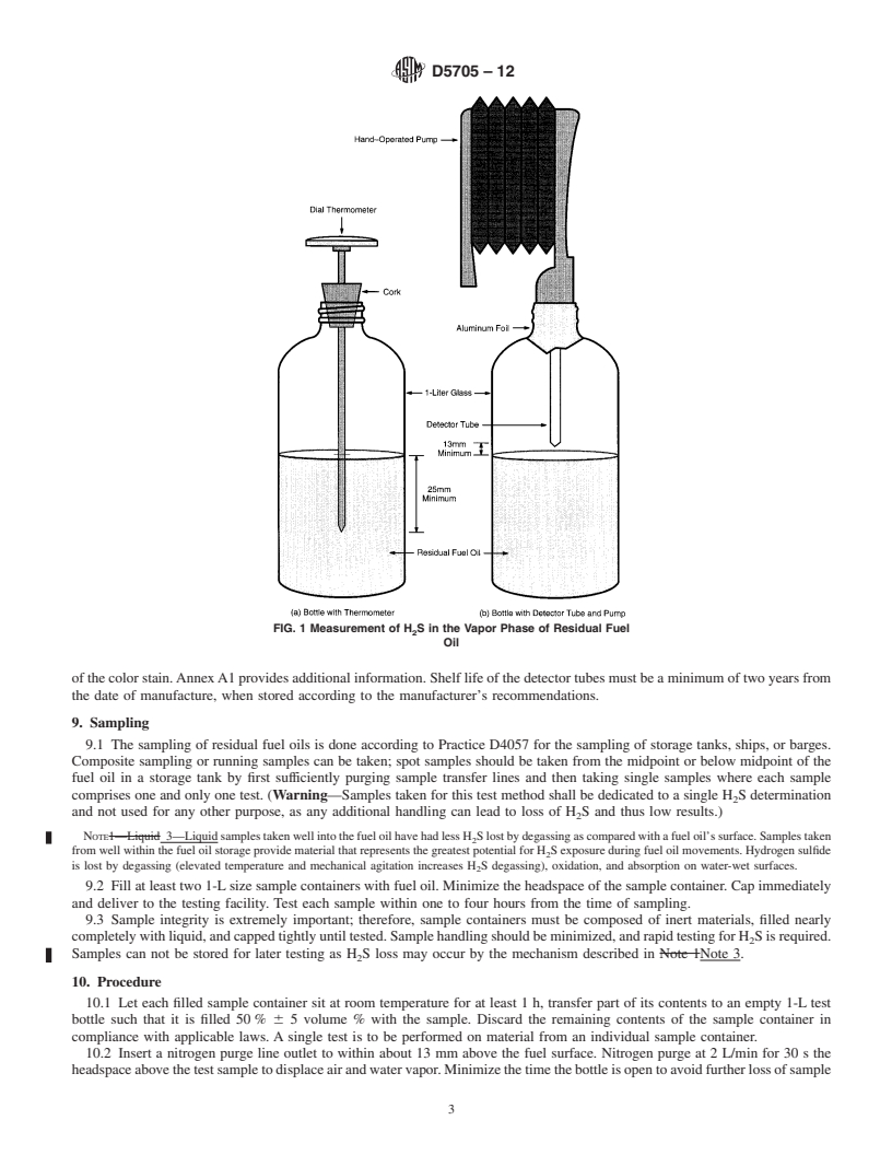 REDLINE ASTM D5705-12 - Standard Test Method for Measurement of Hydrogen Sulfide in the Vapor Phase Above Residual Fuel Oils