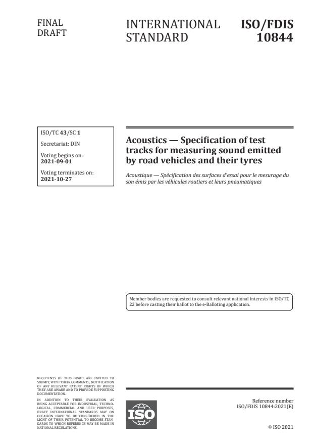 ISO/FDIS 10844:Version 28-avg-2021 - Acoustics -- Specification of test tracks for measuring sound emitted by road vehicles and their tyres