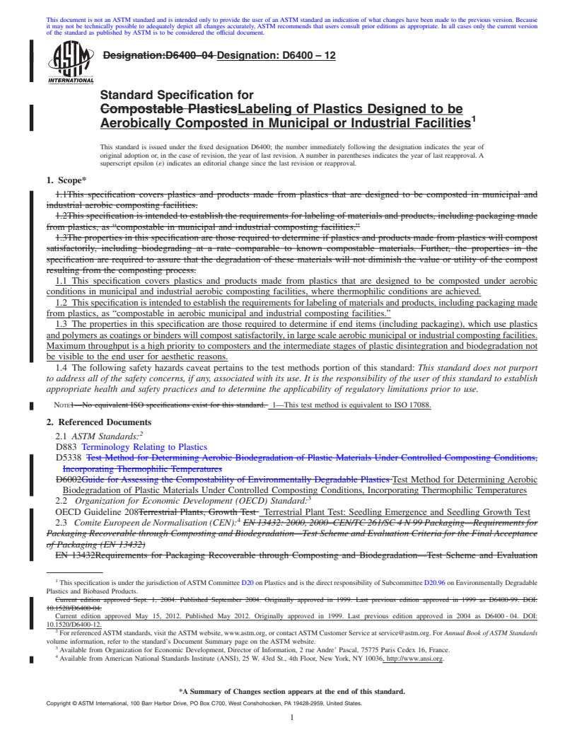 REDLINE ASTM D6400-12 - Standard Specification for  Labeling of Plastics Designed to be Aerobically Composted in Municipal or Industrial Facilities