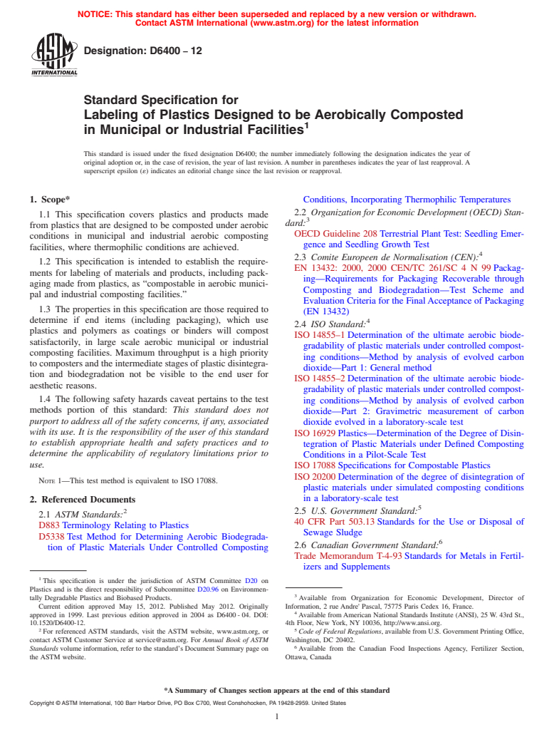 ASTM D6400-12 - Standard Specification for  Labeling of Plastics Designed to be Aerobically Composted in Municipal or Industrial Facilities