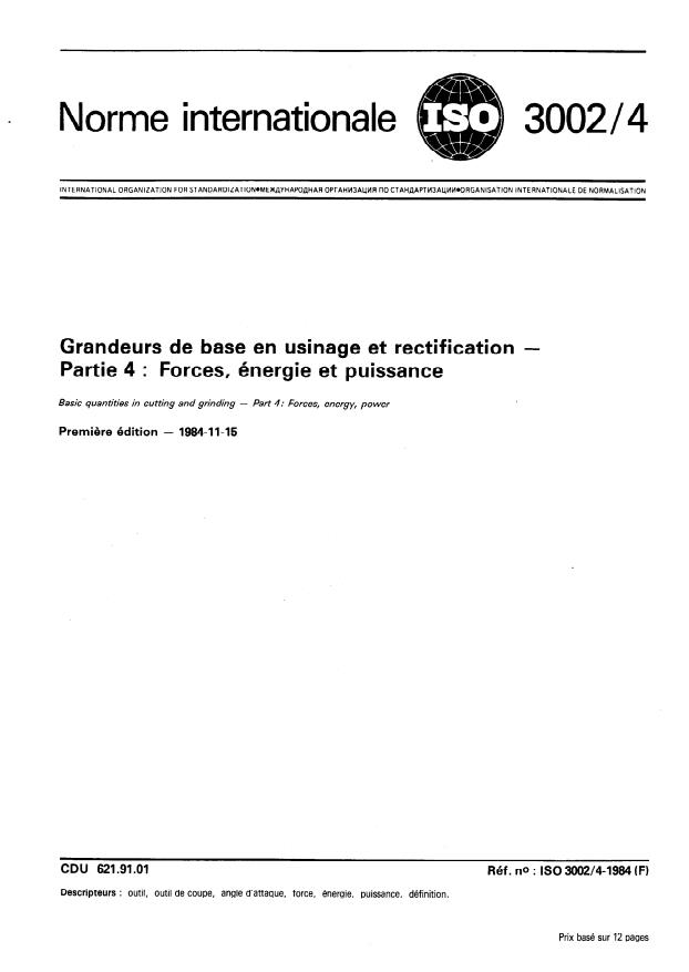 ISO 3002-4:1984 ISO 3002-4:1984 - Grandeurs de base en usinage et rectification - Page 1 preview