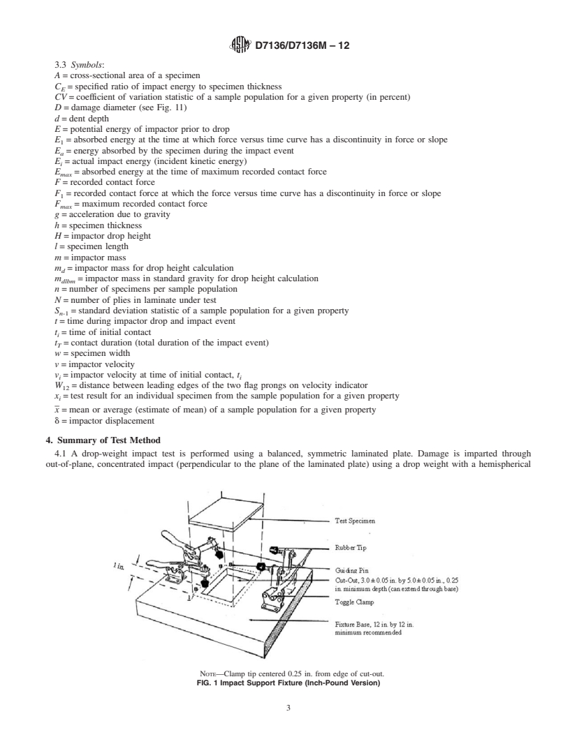 REDLINE ASTM D7136/D7136M-12 - Standard Test Method for Measuring the Damage Resistance of a Fiber-Reinforced Polymer Matrix Composite to a Drop-Weight Impact Event