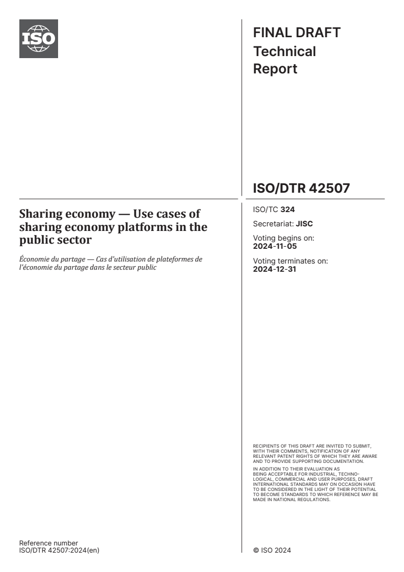 ISO/TR 42507 - Sharing economy — Use cases of sharing economy platforms in the public sector
Released:10/22/2024