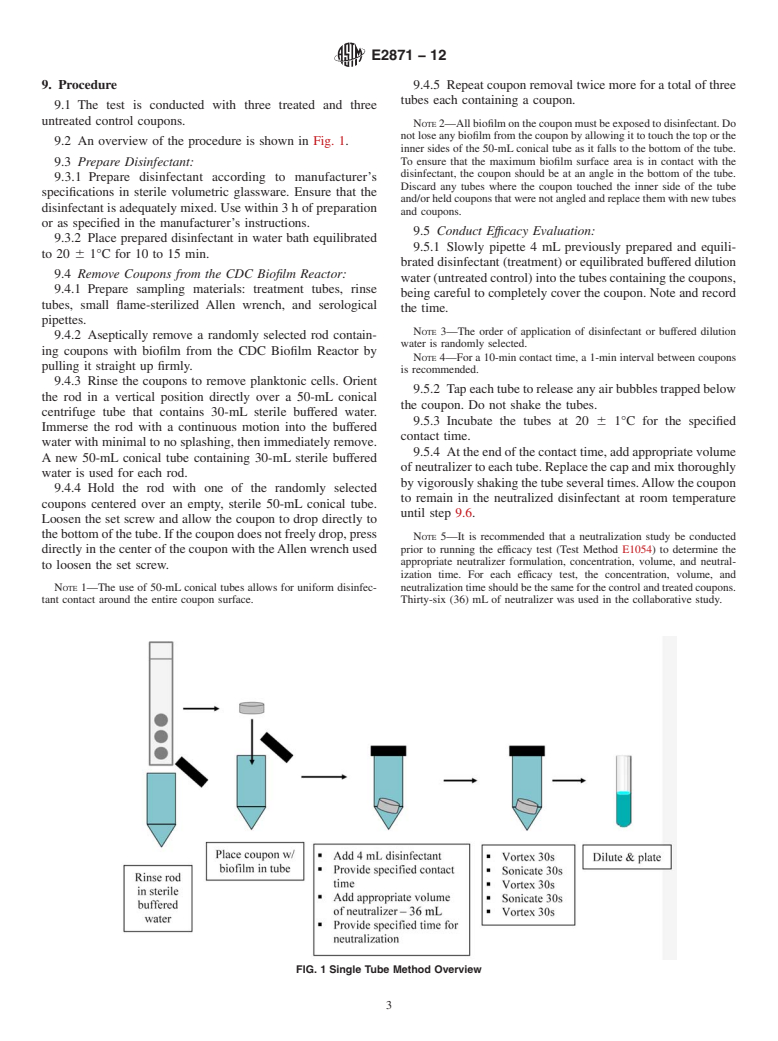 ASTM E2871-12 - Standard Test Method for Evaluating Disinfectant Efficacy against <emph type="bdit">Pseudomonas aeruginosa</emph> Biofilm Grown in CDC Biofilm Reactor using Single Tube Method