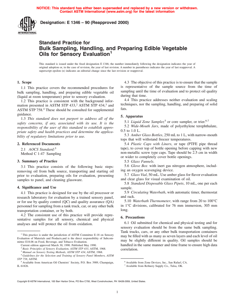 ASTM E1346-90(2000) - Standard Practice for Bulk Sampling, Handling, and Preparing Edible Vegetable Oils for Sensory Evaluation