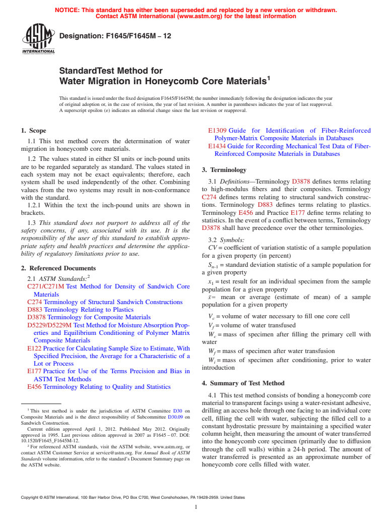 ASTM F1645/F1645M-12 - Standard Test Method for  Water Migration in Honeycomb Core Materials