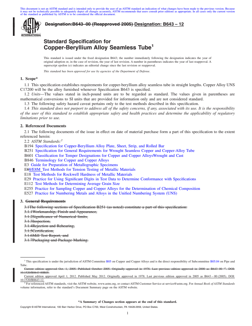 REDLINE ASTM B643-12 - Standard Specification for  Copper-Beryllium Alloy Seamless Tube