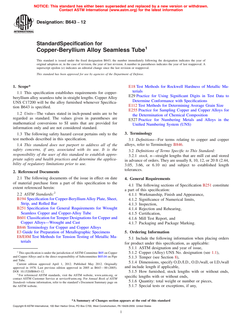ASTM B643-12 - Standard Specification for  Copper-Beryllium Alloy Seamless Tube