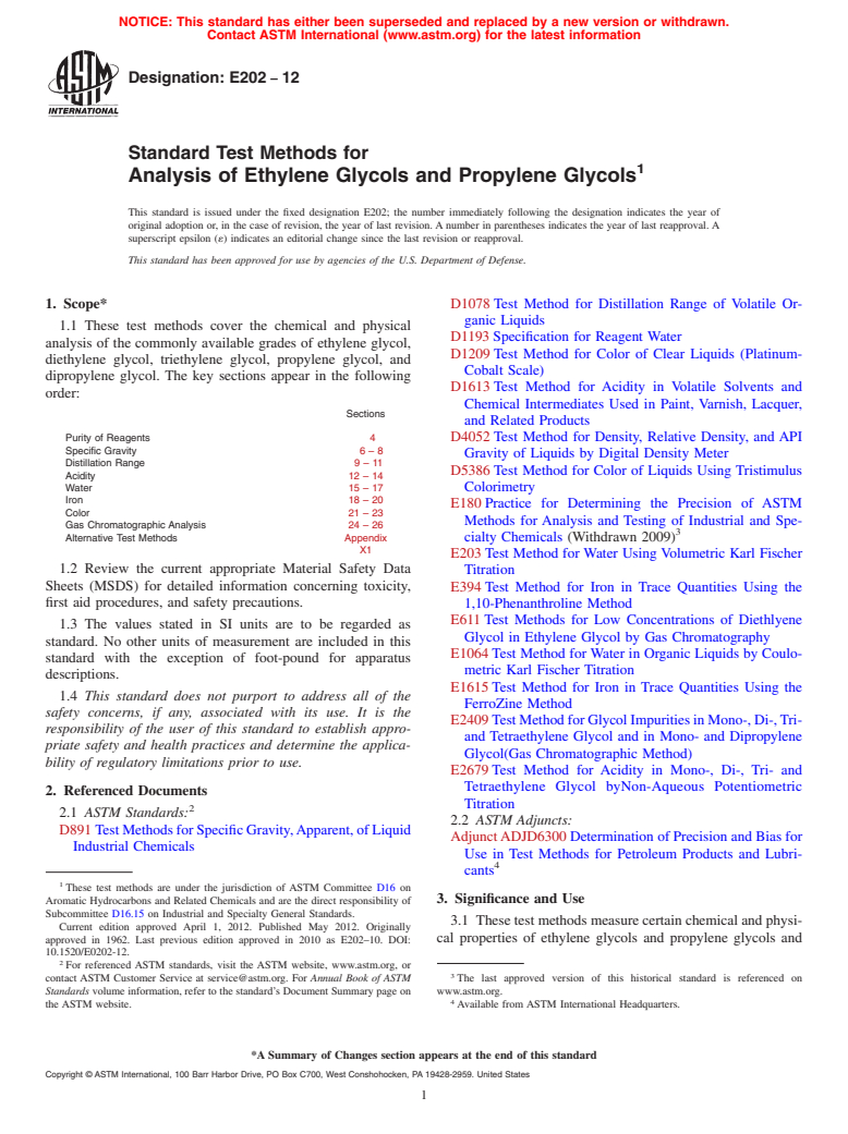 ASTM E202-12 - Standard Test Methods for  Analysis of Ethylene Glycols and Propylene Glycols