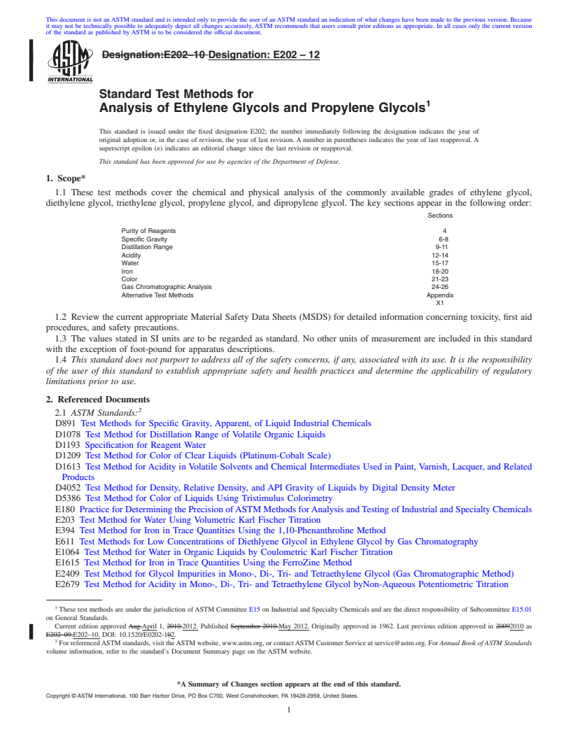 REDLINE ASTM E202-12 - Standard Test Methods for  Analysis of Ethylene Glycols and Propylene Glycols
