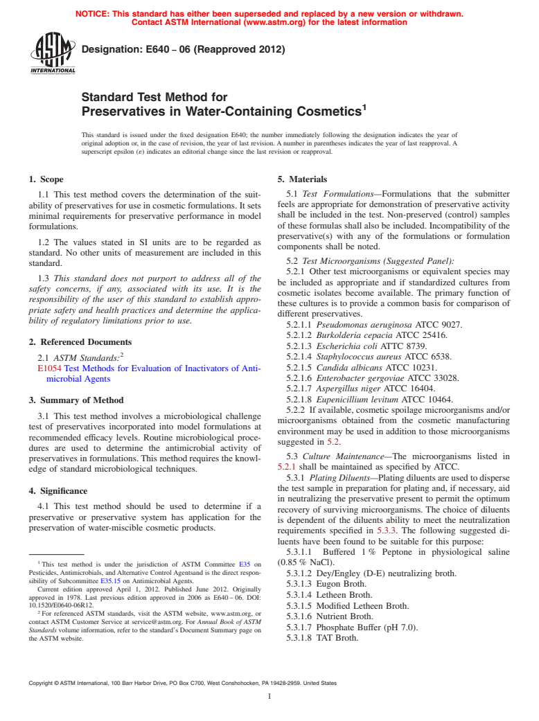 ASTM E640-06(2012) - Standard Test Method for  Preservatives in Water-Containing Cosmetics