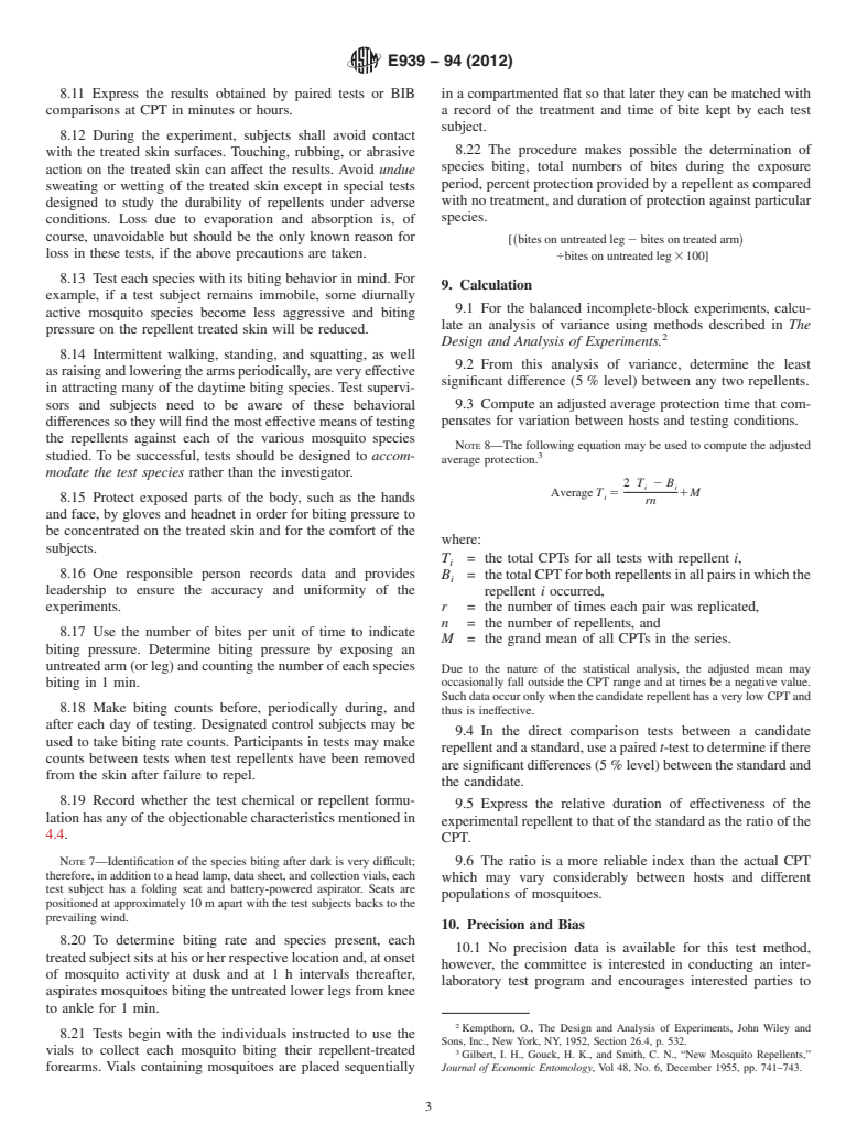 ASTM E939-94(2012) - Standard Test Method of  Field Testing Topical Applications of Compounds as Repellents for Medically Important and Pest Arthropods (Including Insects, Ticks, and Mites):I Mosquitoes  (Withdrawn 2017)