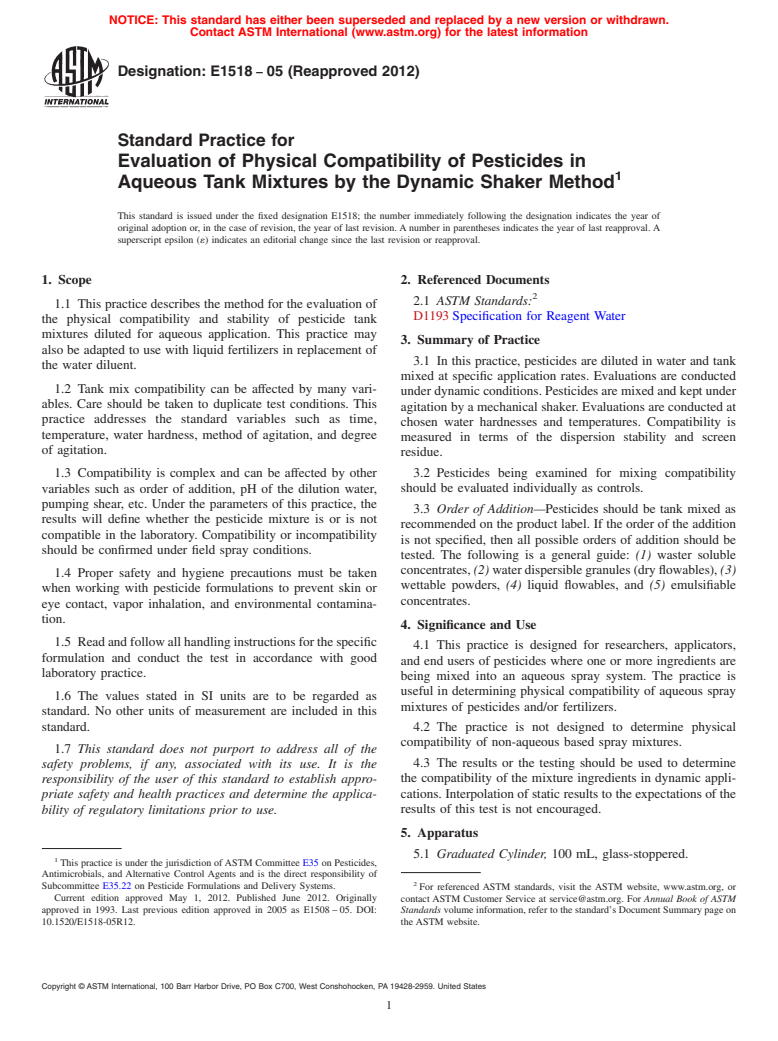 ASTM E1518-05(2012) - Standard Practice for Evaluation of Physical Compatibility of Pesticides in Aqueous Tank Mixtures by the Dynamic Shaker Method