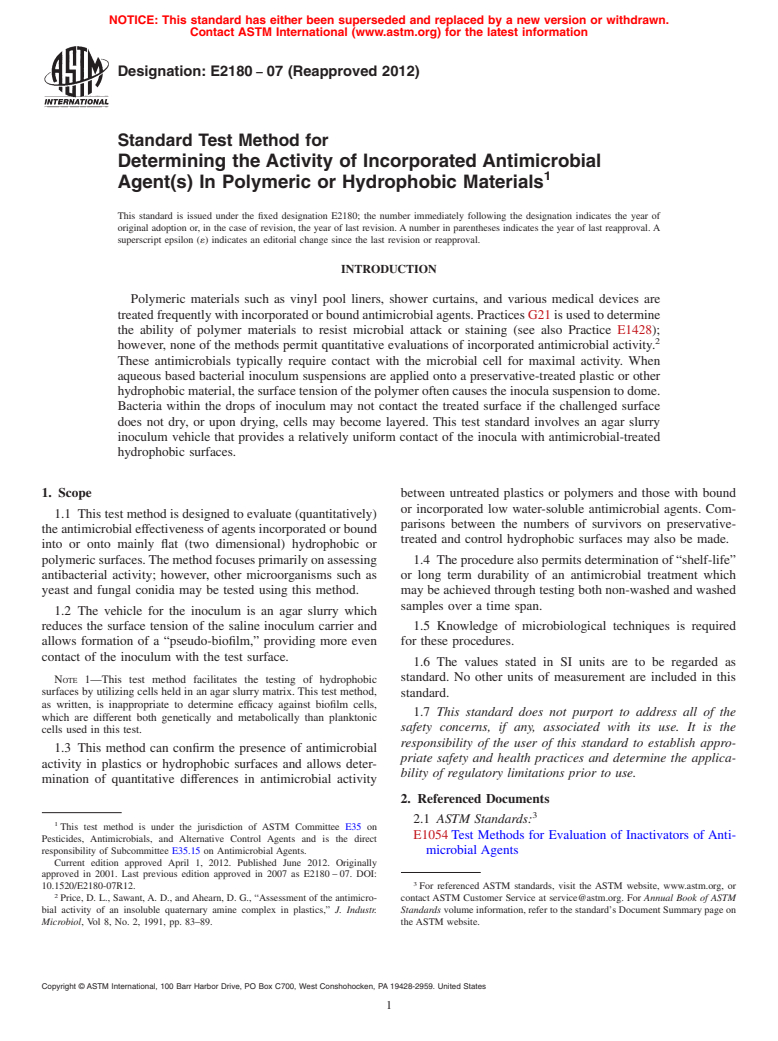 ASTM E2180-07(2012) - Standard Test Method for Determining the Activity of Incorporated Antimicrobial Agent(s) In Polymeric or Hydrophobic Materials