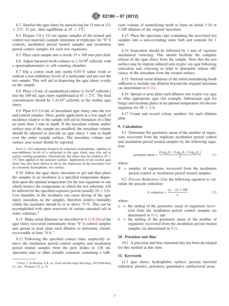 ASTM E2180-07(2012) - Standard Test Method for Determining the Activity of Incorporated Antimicrobial Agent(s) In Polymeric or Hydrophobic Materials