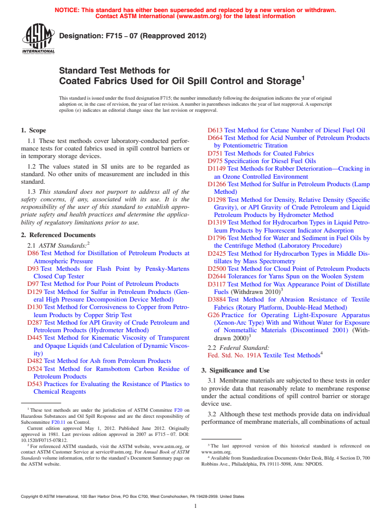 ASTM F715-07(2012) - Standard Test Methods for  Coated Fabrics Used for Oil Spill Control and Storage