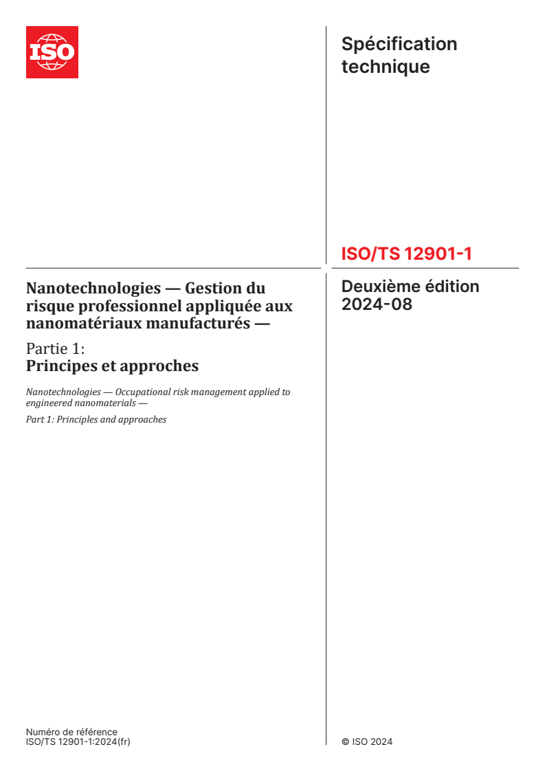 ISO/TS 12901-1:2024 - Nanotechnologies — Gestion du risque professionnel appliquée aux nanomatériaux manufacturés — Partie 1: Principes et approches
Released:21. 08. 2024