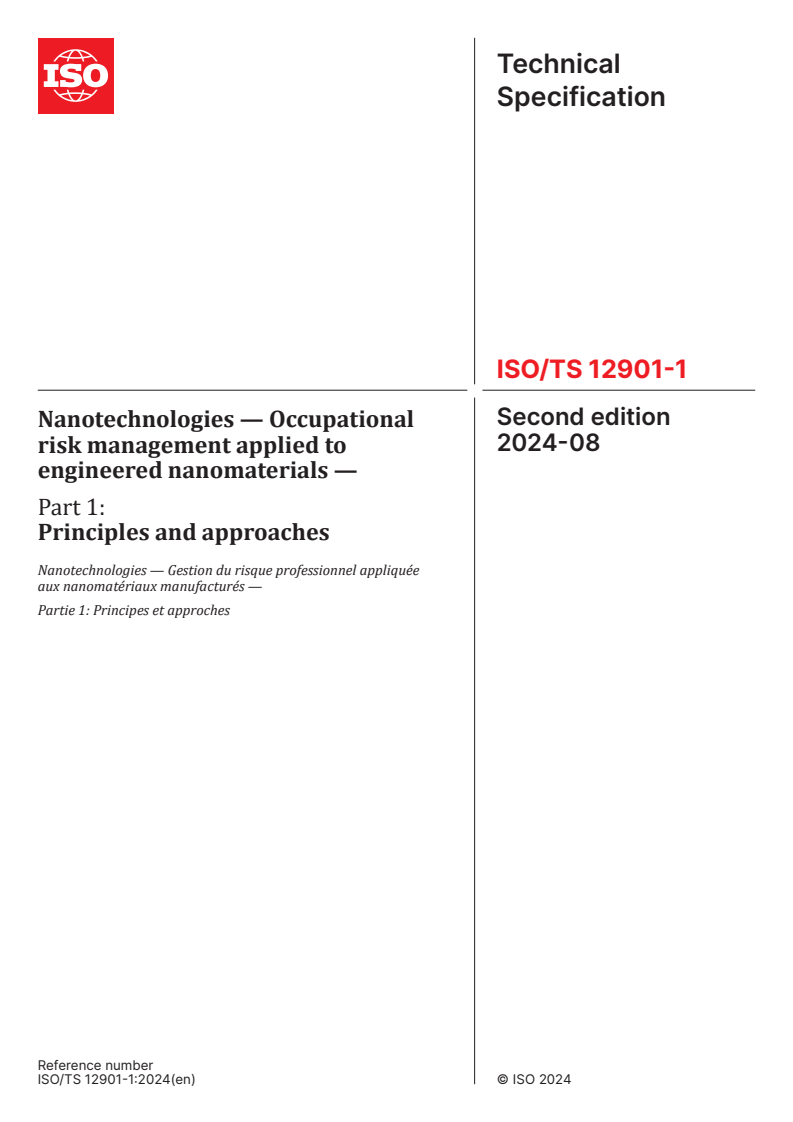 ISO/TS 12901-1:2024 - Nanotechnologies — Occupational risk management applied to engineered nanomaterials — Part 1: Principles and approaches
Released:21. 08. 2024