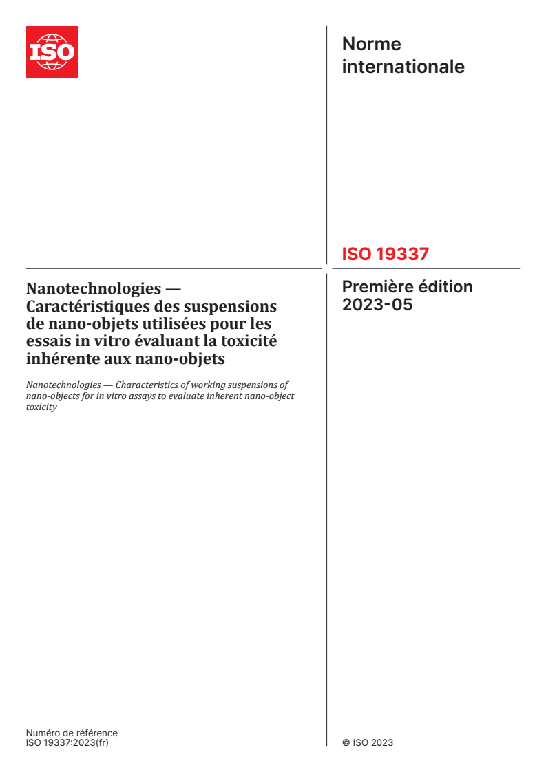 ISO 19337:2023 - Nanotechnologies — Caractéristiques des suspensions de nano-objets utilisées pour les essais in vitro évaluant la toxicité inhérente aux nano-objets
Released:10/3/2024