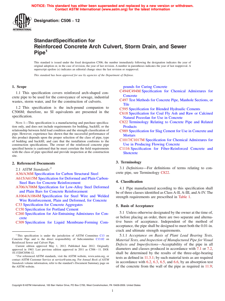 ASTM C506-12 - Standard Specification for  Reinforced Concrete Arch Culvert, Storm Drain, and Sewer Pipe