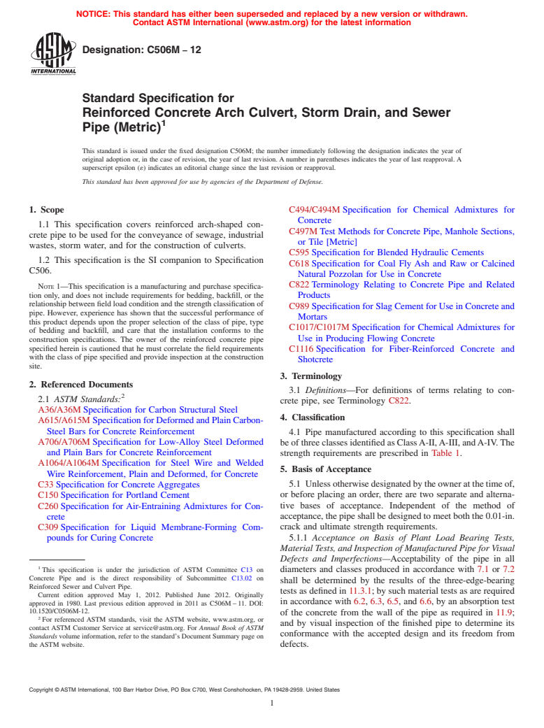 ASTM C506M-12 - Standard Specification for  Reinforced Concrete Arch Culvert, Storm Drain, and Sewer Pipe (Metric)