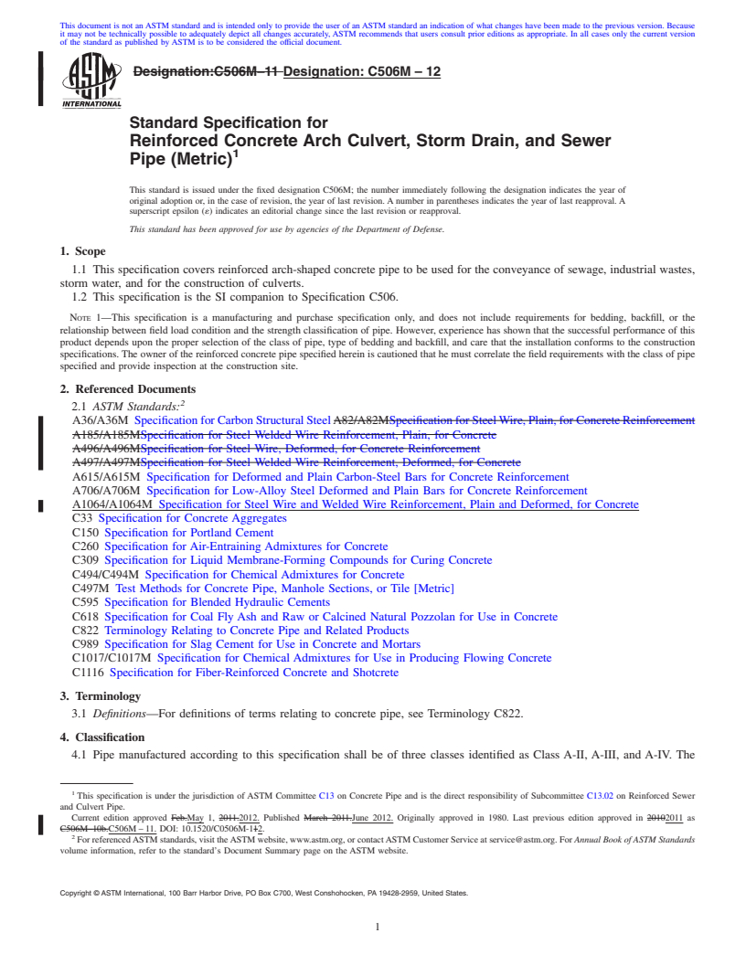 REDLINE ASTM C506M-12 - Standard Specification for  Reinforced Concrete Arch Culvert, Storm Drain, and Sewer Pipe (Metric)