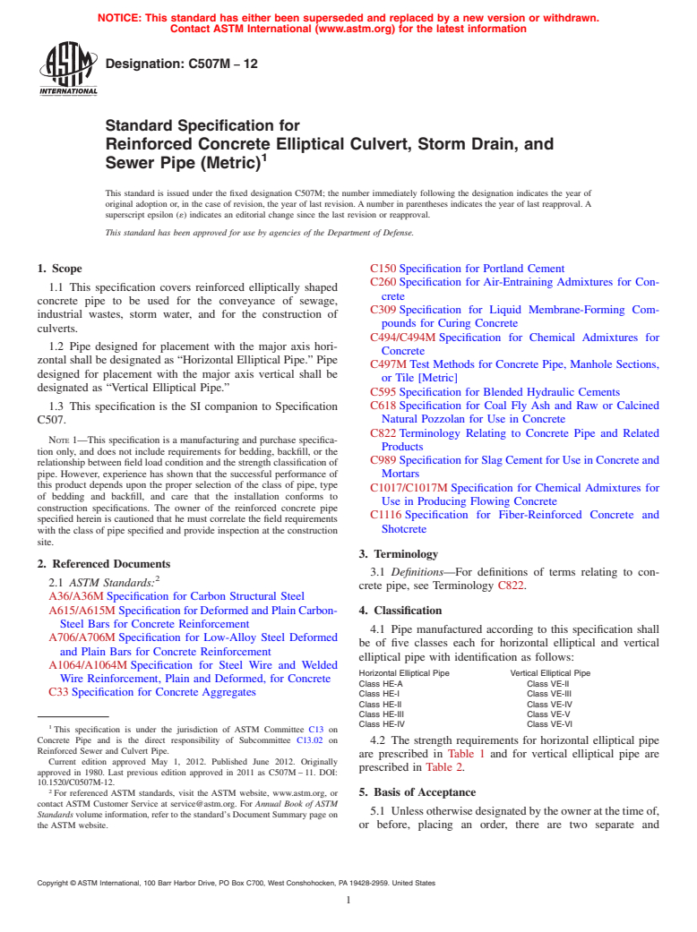 ASTM C507M-12 - Standard Specification for  Reinforced Concrete Elliptical Culvert, Storm Drain, and Sewer Pipe (Metric)