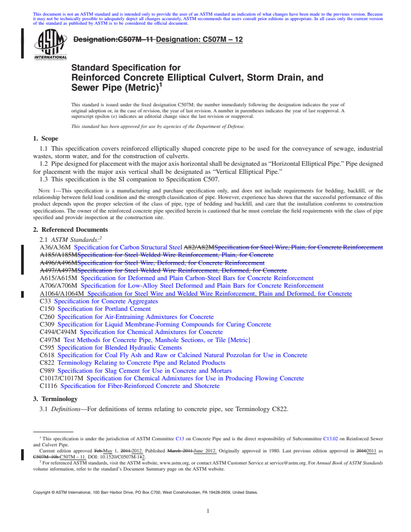 REDLINE ASTM C507M-12 - Standard Specification for  Reinforced Concrete Elliptical Culvert, Storm Drain, and Sewer Pipe (Metric)