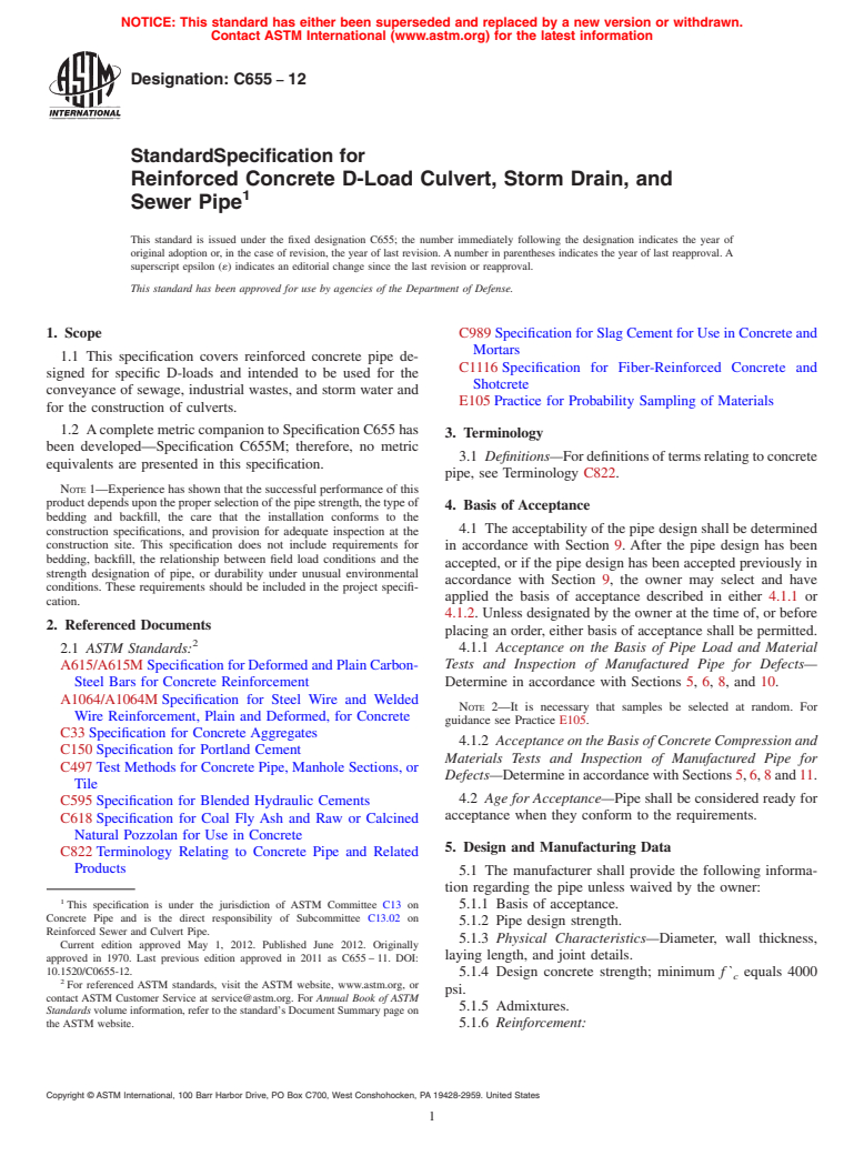 ASTM C655-12 - Standard Specification for Reinforced Concrete D-Load Culvert, Storm Drain, and Sewer Pipe