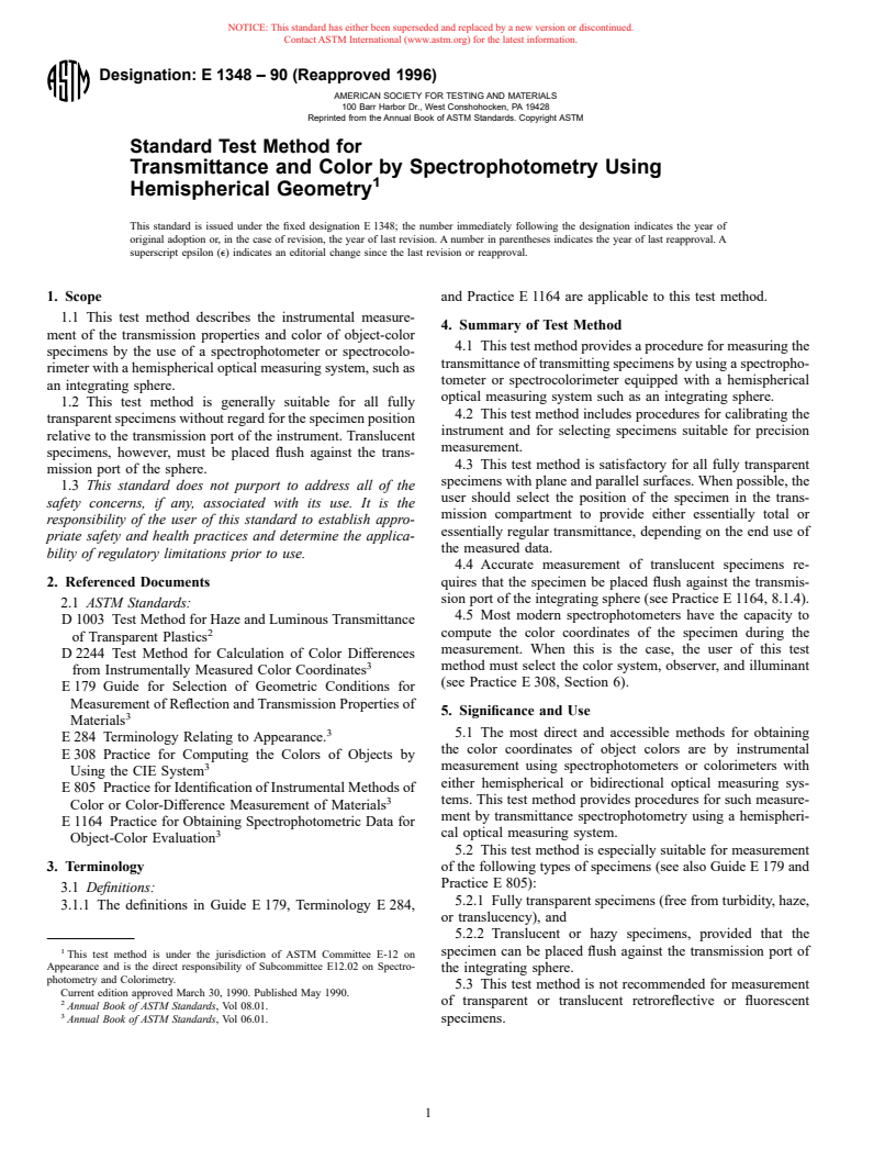 ASTM E1348-90(1996) - Standard Test Method for Transmittance and Color by Spectrophotometry Using Hemispherical Geometry