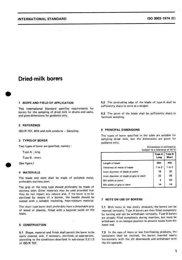 ISO 3003:1974 - Dried-milk borers