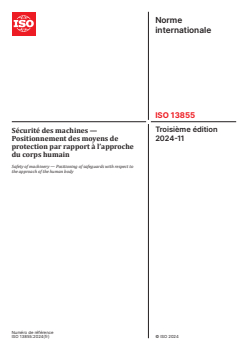 ISO 13855:2024 - Sécurité des machines — Positionnement des moyens de protection par rapport à l’approche du corps humain
Released:11/22/2024 - Page 1 preview