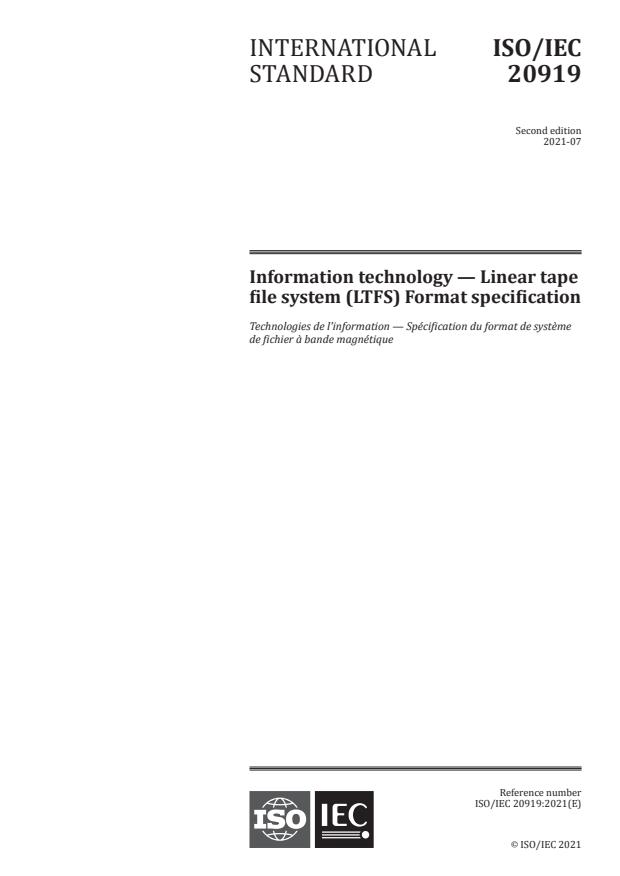 ISO/IEC 20919:2021 - Information technology -- Linear tape file system (LTFS) Format specification