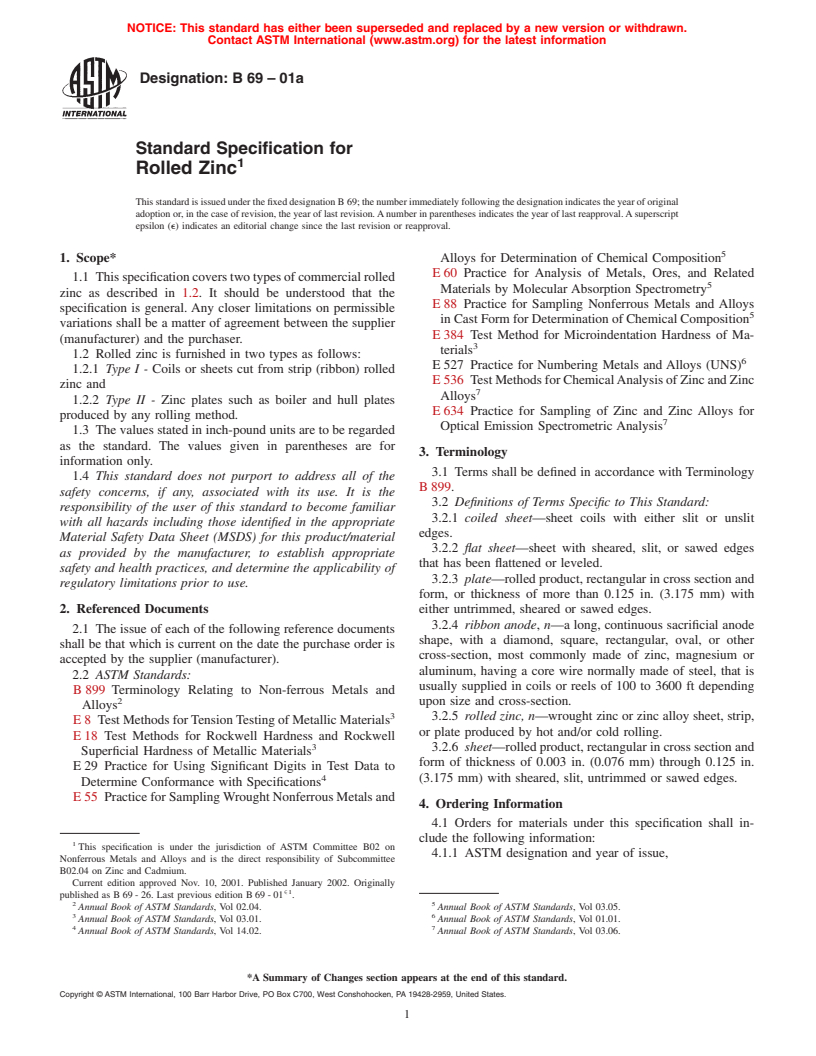 ASTM B69-01a - Standard Specification for Rolled Zinc