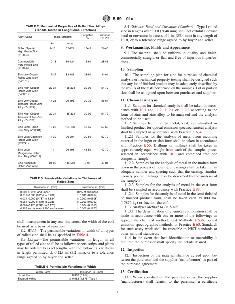 ASTM B69-01a - Standard Specification for Rolled Zinc