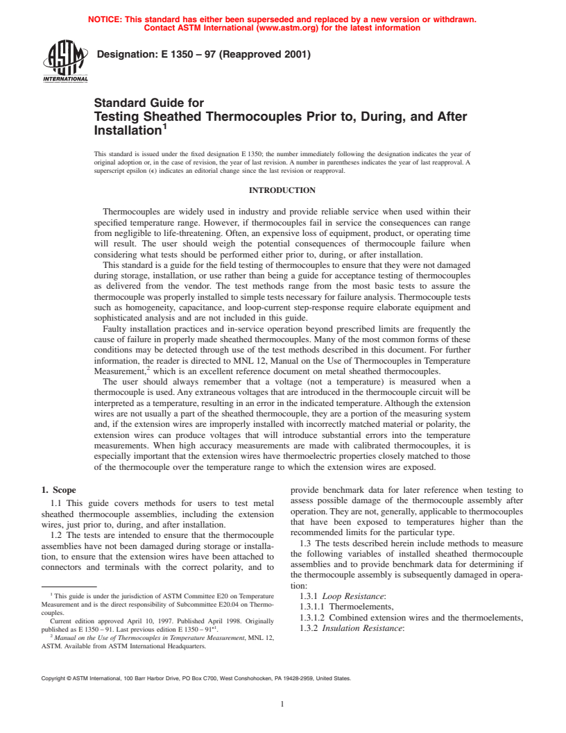 ASTM E1350-97(2001) - Standard Guide for Testing Sheathed Thermocouples Prior to, During, and After Installation