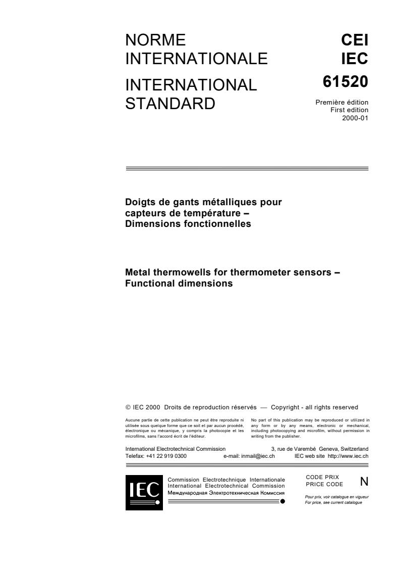 IEC 61520:2000 - Metal thermowells for thermometer sensors - Functional dimensions