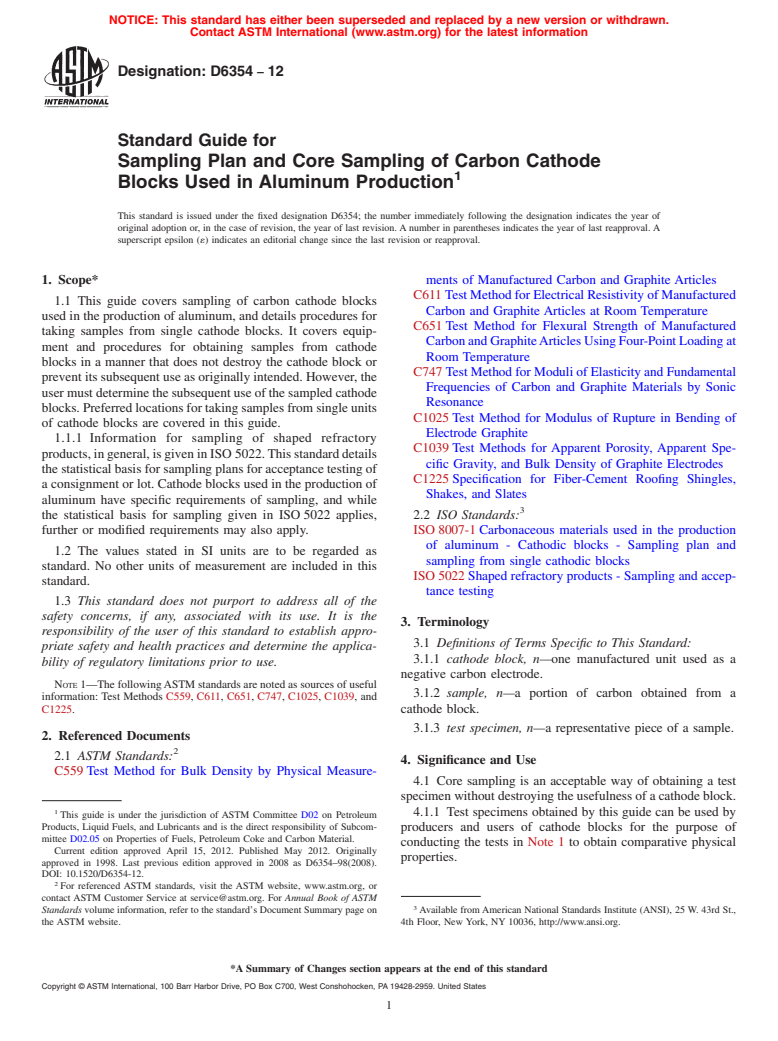 ASTM D6354-12 - Standard Guide for Sampling Plan and Core Sampling of Carbon Cathode Blocks Used in Aluminum Production