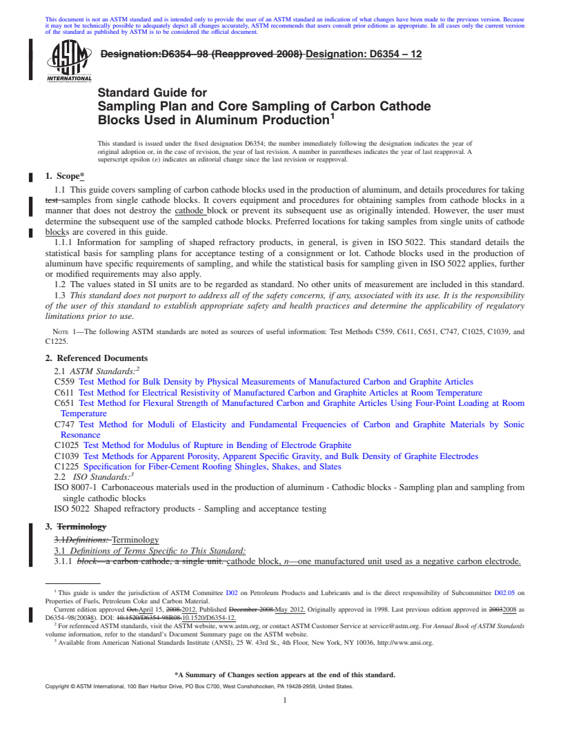 REDLINE ASTM D6354-12 - Standard Guide for Sampling Plan and Core Sampling of Carbon Cathode Blocks Used in Aluminum Production