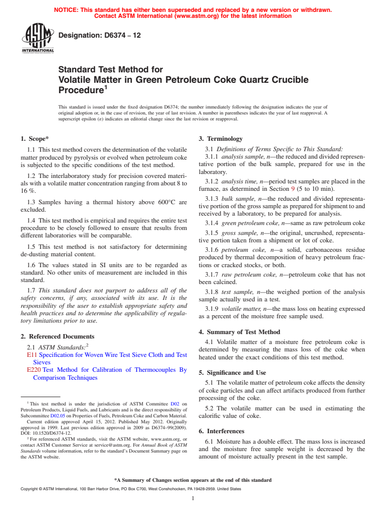 ASTM D6374-12 - Standard Test Method for Volatile Matter in Green Petroleum Coke Quartz Crucible Procedure