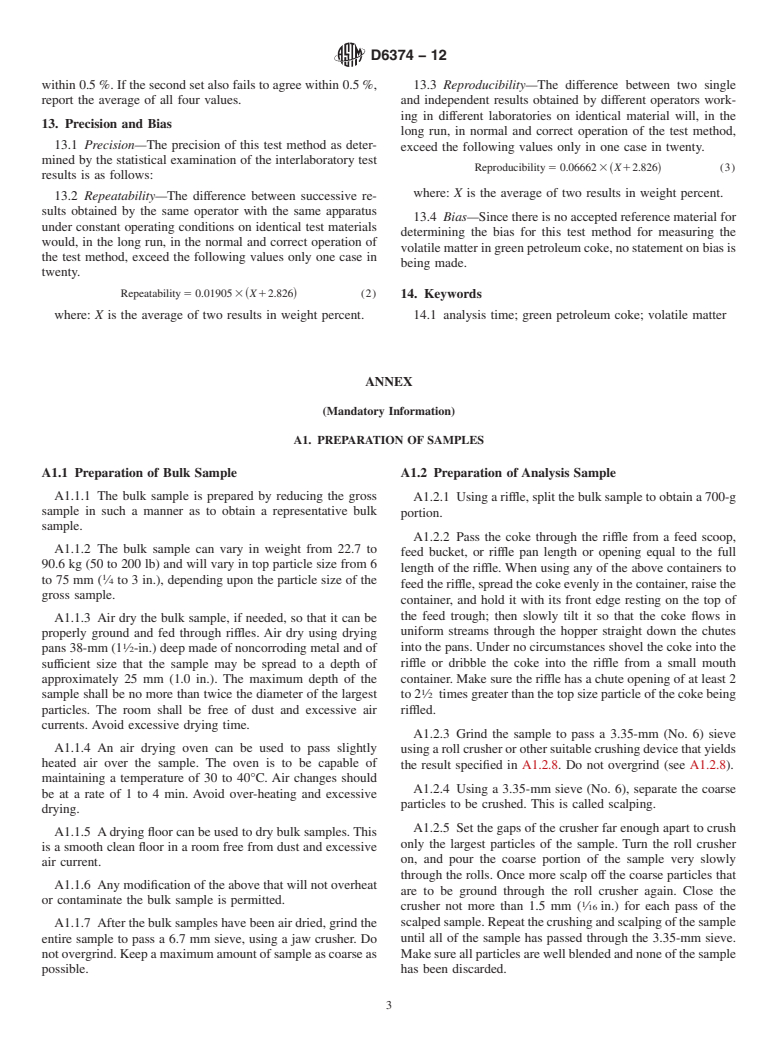 ASTM D6374-12 - Standard Test Method for Volatile Matter in Green Petroleum Coke Quartz Crucible Procedure