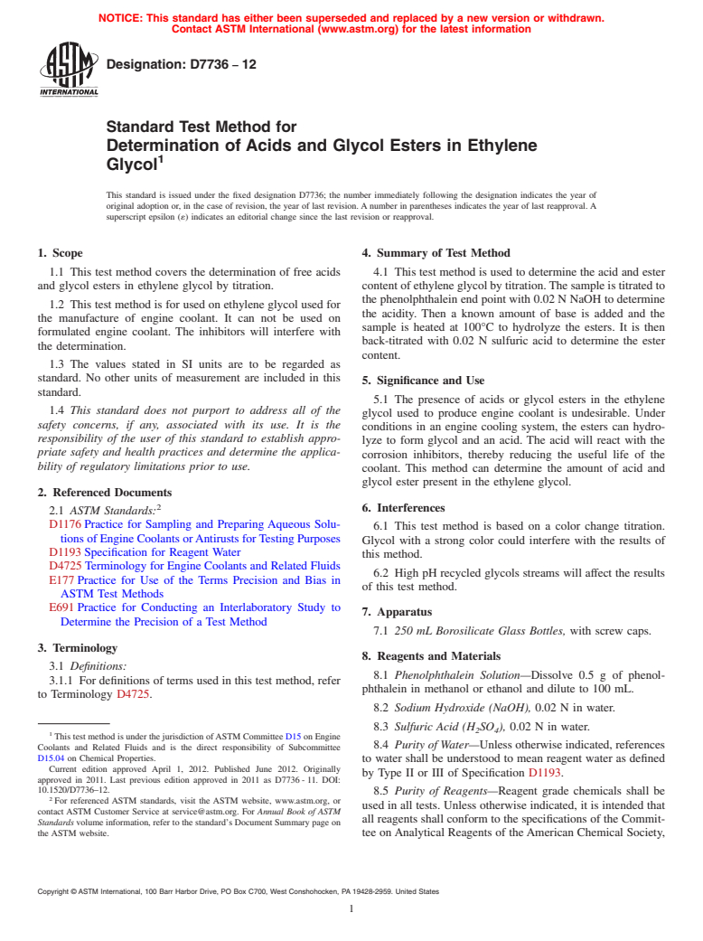 ASTM D7736-12 - Standard Test Method for Determination of Acids and Glycol Esters in Ethylene Glycol