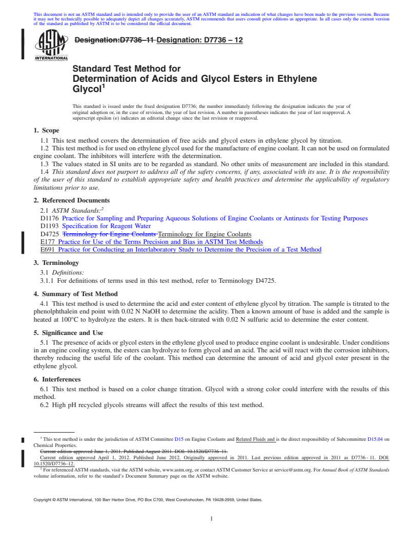 REDLINE ASTM D7736-12 - Standard Test Method for Determination of Acids and Glycol Esters in Ethylene Glycol